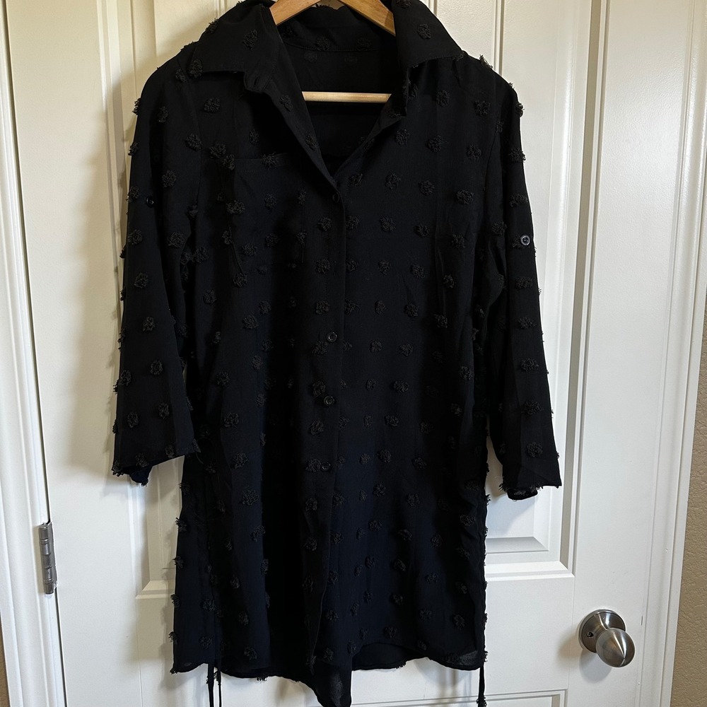 Black Tunic Shirt Dress Pom Pom Detail 3/4 Sleeve Lightweight S swim coverup - Picture 2 of 8